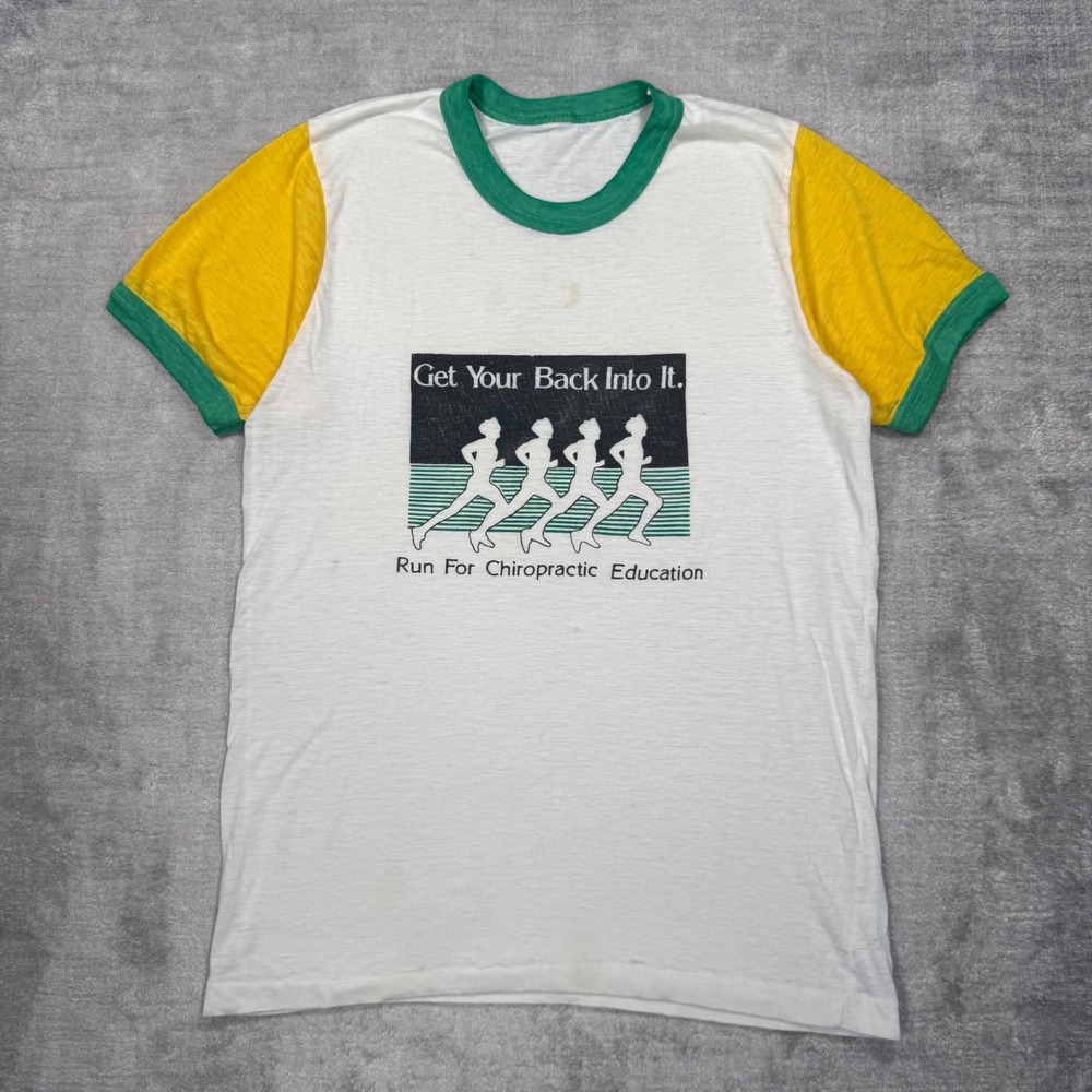 Vintage Ringer Shirt Mens Medium White Running Marathon Chiropractic 80s Thin